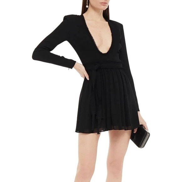 SAINT LAURENT Paris Belted frayed crepe de chine mini dress - Picture 1 of 6